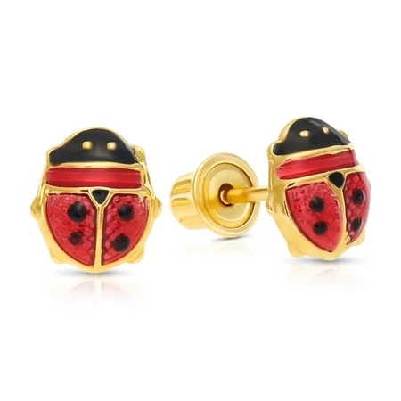 Tilo Jewelry 14K Yellow Gold Red Poke-A-Dot Enamel Ladybug Stud Post Earrings with Secure Screw-Backs | Everyday Dainty Small Earrings for Women, Unisex, Every Age