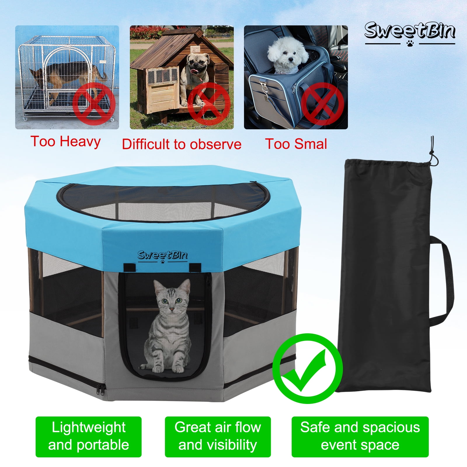 Medium Wood Frame Dog Playpen for Medium Dogs,Cat Playpen with Waterproof Bottom,Travel Pet Play Pen with Side Door for Puppies (36" x 36" x 23", Blue)