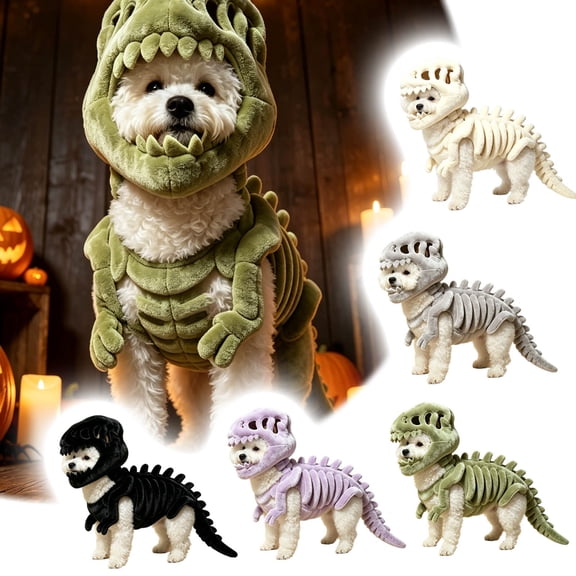 Halloween Dinosaur Skeleton Dog , Plush Pet Dino Cosplay Outfit with Headpiece, Cute Fancy Dress for Small Medium Dogs, for Halloween Party Holiday Photo Props