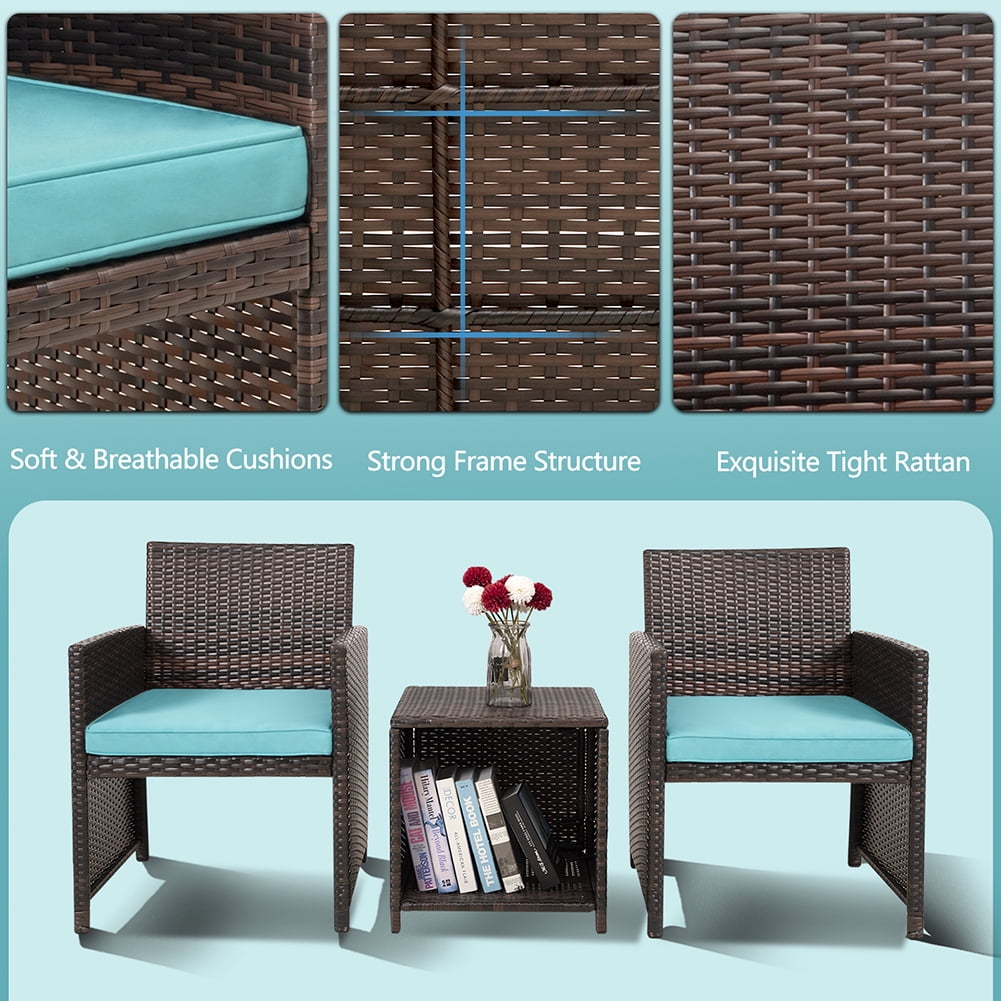 Kadyn 3 Pieces Outdoor Patio Wicker Furniture Sets, PE Rattan Chair Patio Conversation Sets with 2 Soft Cushions Single chairs and Coffee table, Rattan Conversation Set for Balcony, Teal Kadyn 3 Pieces Outdoor Patio Wicker Furniture Sets, PE Rattan Chair Patio Conversation Sets with 2 Soft Cushions Single chairs and Coffee table, Rattan Conversation Set for Balcony, Teal