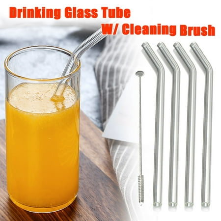 4pcs Bent Glass Drinking Straws Sucker Tube With Cleaning