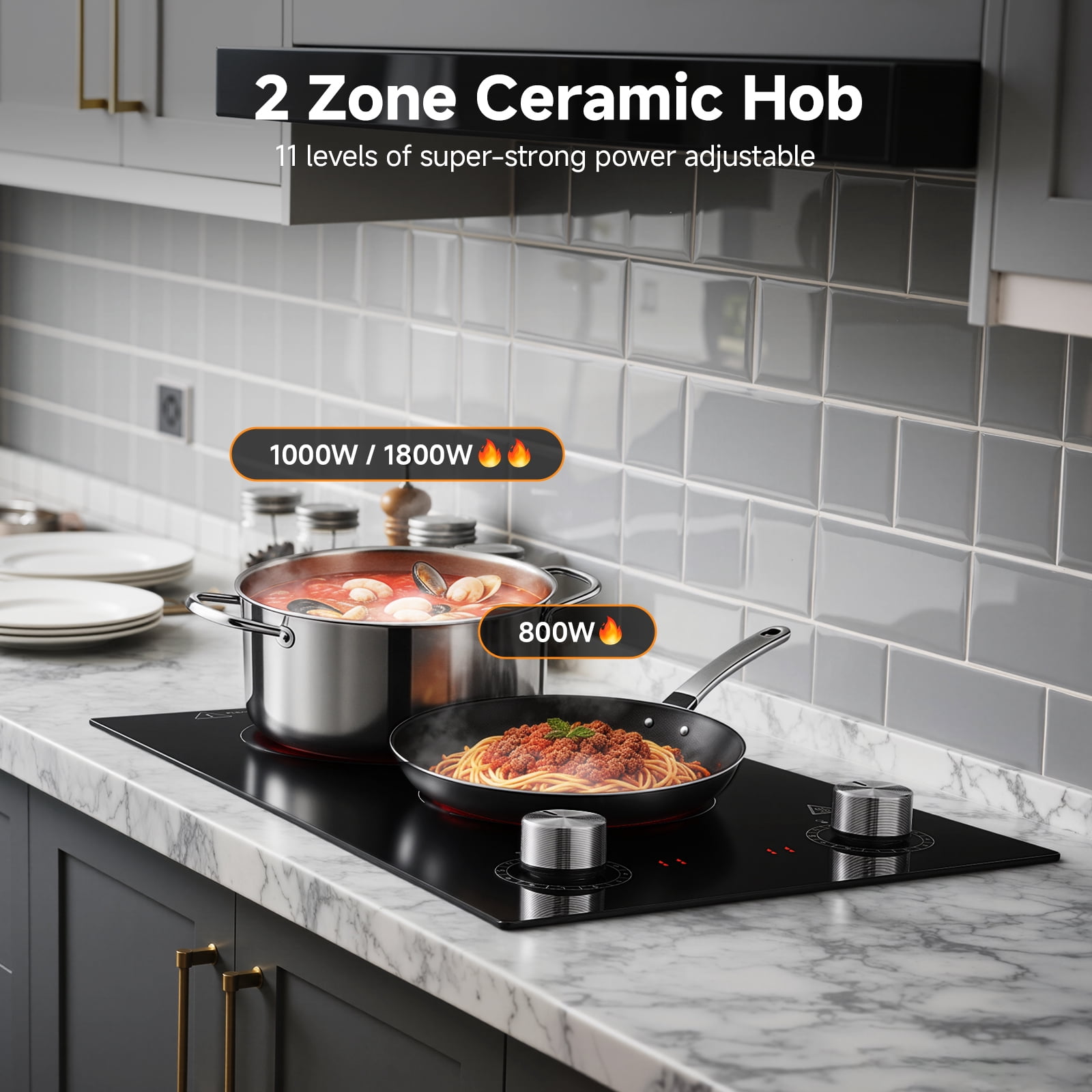 Sunmaki 2 Burner Electric Cooktop 1800W Portable Electric Stove with 11 Power Levels, Knob Control, 12 inch