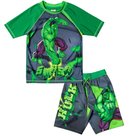 Marvel Avengers Hulk Little Boys Rash Guard and Swim Trunks Outfit Set Toddler to Big Kid