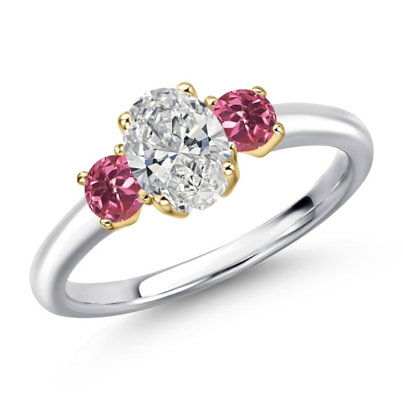 Gem Stone King 10K Two Tone Gold DEF Lab Grown Diamond and Pink Tourmaline Engagement Ring for Women | 1.00 Cttw | Oval 7X5MM | Gemstone April Birthstone | Size 6