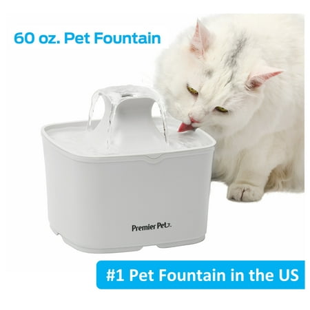 Premier Pet 60 oz. Pet Fountain- Automatic water fountain for cats & small dogs, fresh, filtered water, promotes hydration, adjustable water flow, sleek, compact, easy to clean, filters included