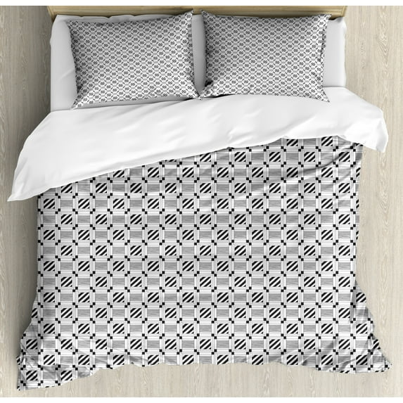 Abstract Duvet Cover Set Queen Size, Geometric Pattern of Hand Drawn Squares with Diagonal and Horizontal Stripes, Decorative 3 Piece Bedding Set with 2 Pillow Shams, Dark Grey White, by Ambesonne