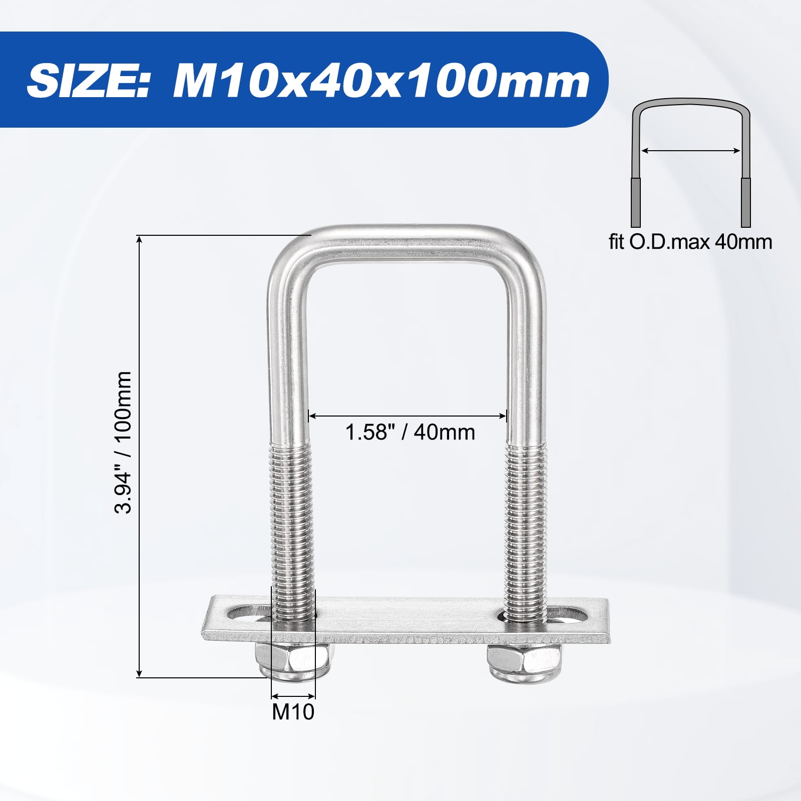 U Bolts 2Set (M10x40x100mm), Square U Bolt Kits 304 Stainless Steel with Nylon Lock Nut Washers Plates - for Construction, Pipe, Trailer, Automotive, Leaf Spring Fastener