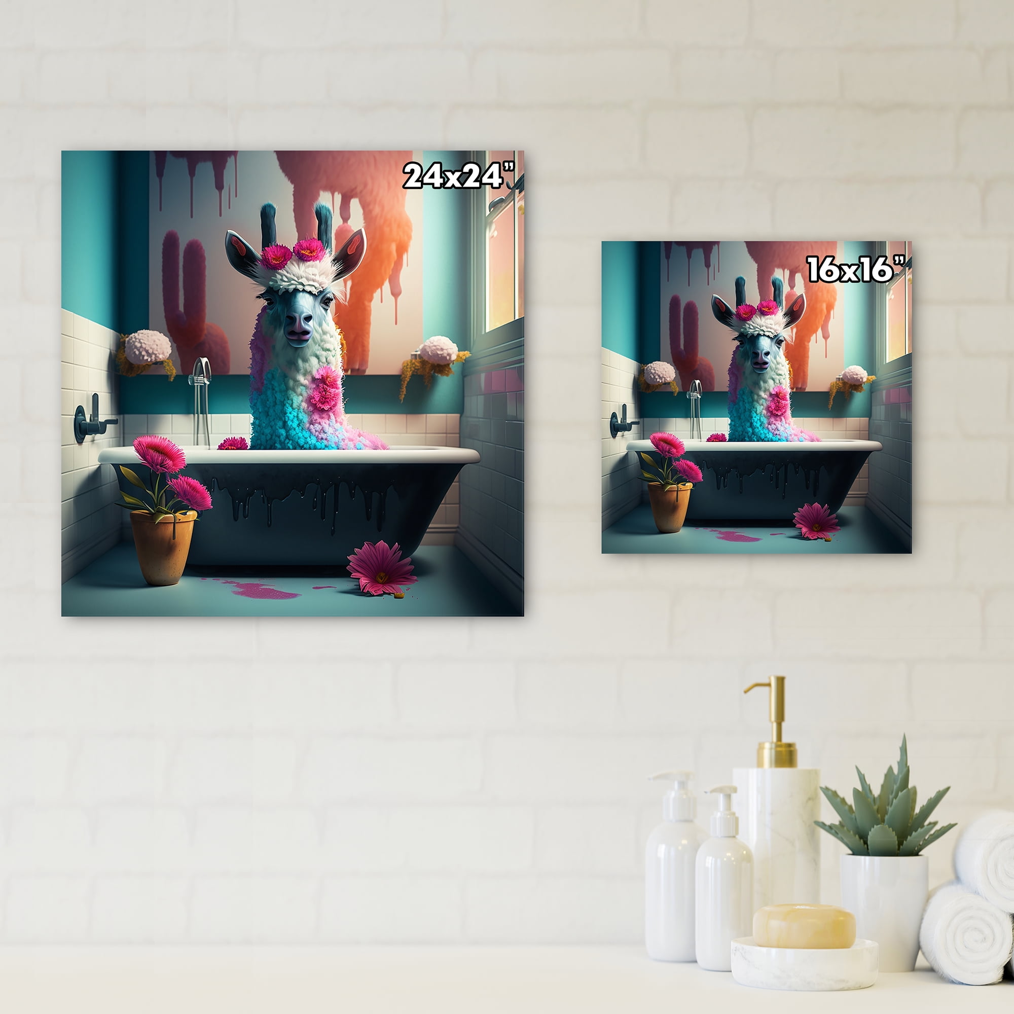 Designart Funny Llama In The Bath II Canvas Wall Art