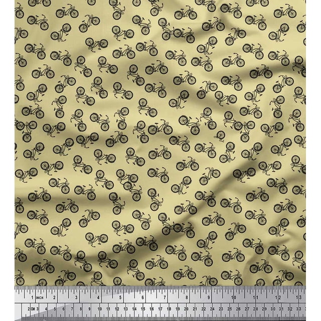 Soimoi Beige Rayon Fabric Bicycle Transport Printed Fabric 1 Yard 56 Inch Wide