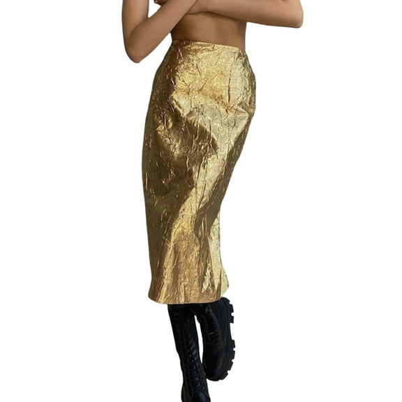 Fgnfyis Women's Half Length Skirt with Pleated High Waist and Split Back Fashionable and Versatile Wrap Style Gold M