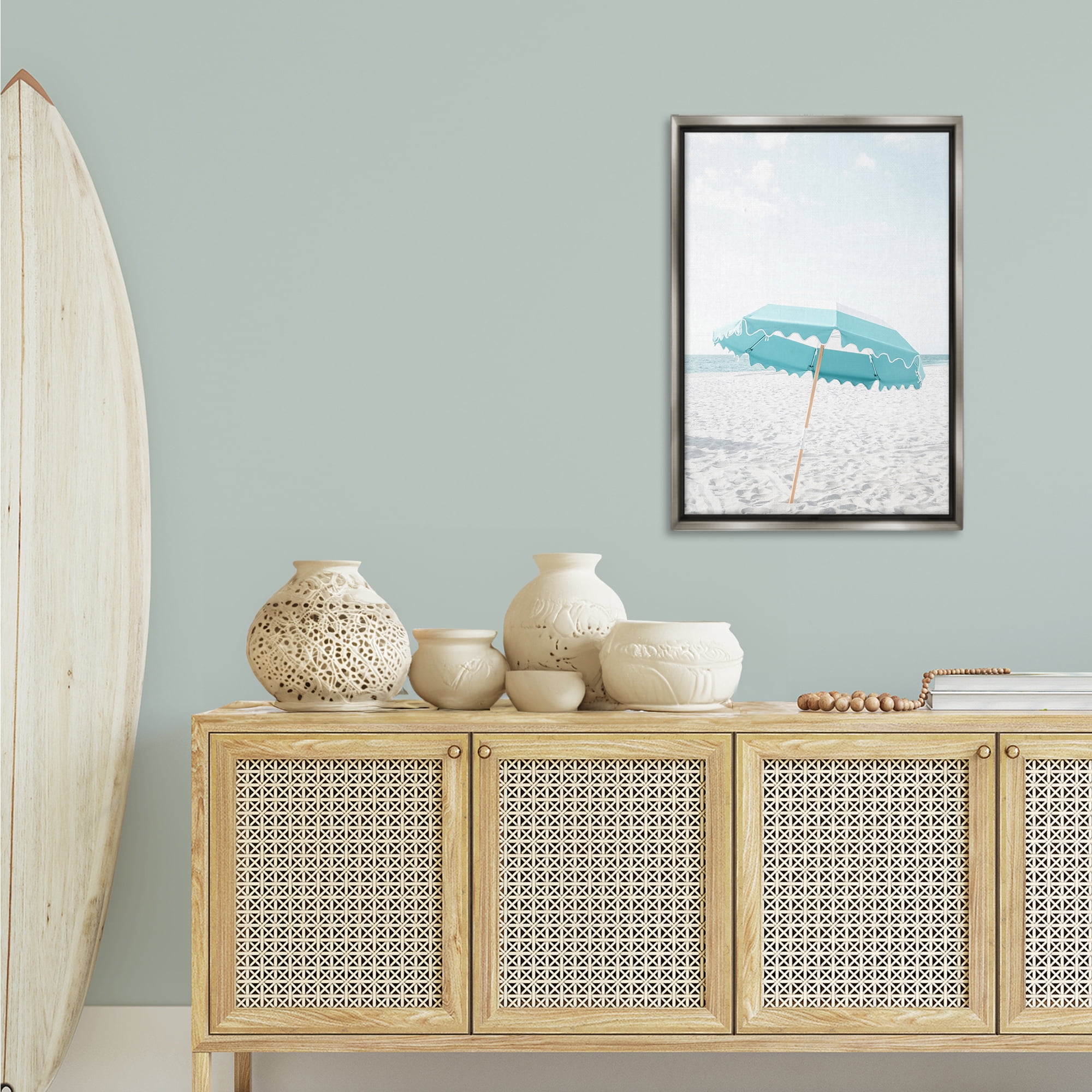 Stupell Industries Lone Blue Beach Umbrella Nautical & Beach Photography Gray Floater Framed Canvas Art Print Wall Art, 21 x 31