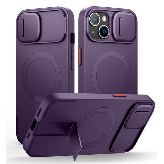 Suritch Phone Case for iPhone 13 / 14 with Magnetic Slide Camera Cover, Kickstand, Compatible with MagSafe, Shockproof Rugged Slim Protective Cover, Purple