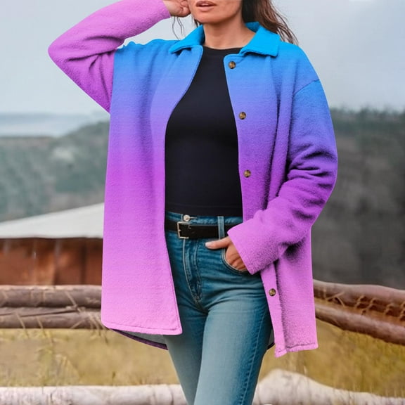 Xdegoge Fleece Jacket Women No Hood Gradient Flannel Winter Coat Button Down Warm Stand Collar Sweatshirts Cozy Oversized Thermal Lightweight Jackets with Pockets Chaqueta De Invierno Para Mujer