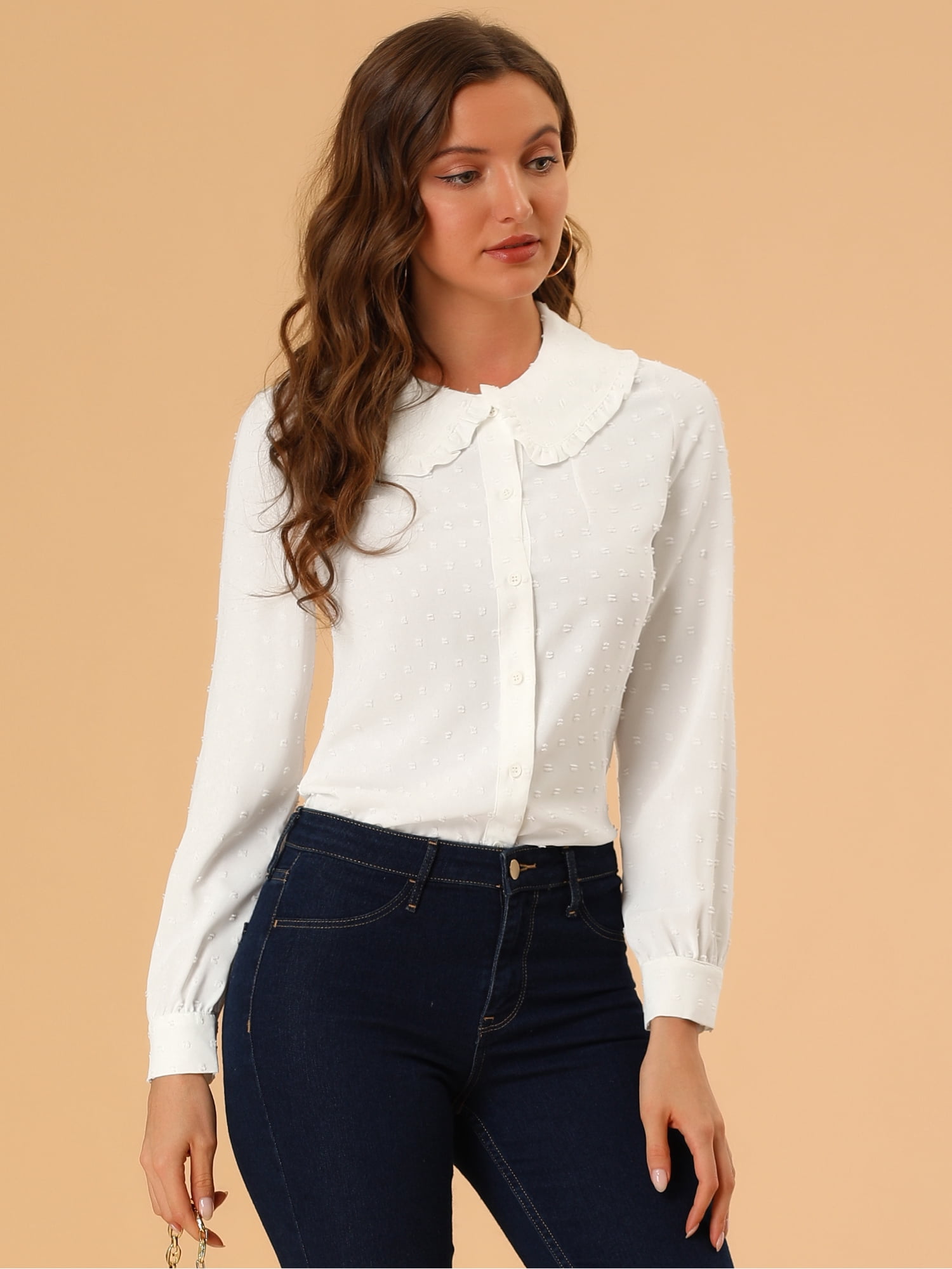 Unique Bargains Women's Swiss Dots Long Sleeves Peter Pan Collar Blouse L White