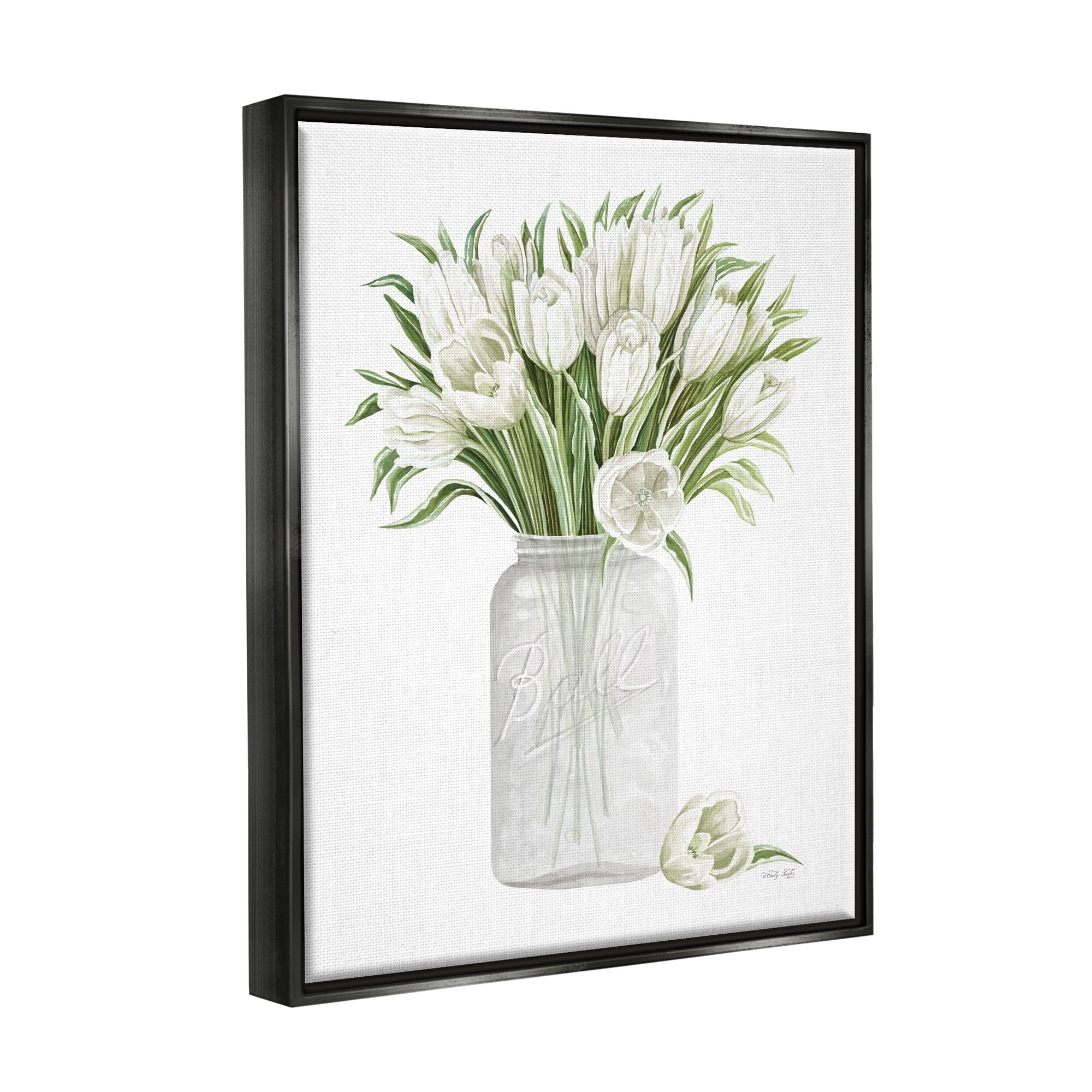 Stupell Industries White Tulips Rustic Country Jar Falling Blooms Painting Jet Black Floating Framed Canvas Print Wall Art, Design by Cindy Jacobs