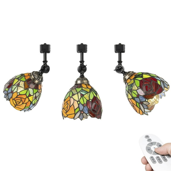 KAYYELAMP 3-Pack Dimmable Adjustable H-Type Track Lighting Head, Tiffany-Style with Colorful Rose Pattern Shade, E26 Vintage Ceiling Light for Hallway, Loft, Wall Wash(No Bulb, Track)