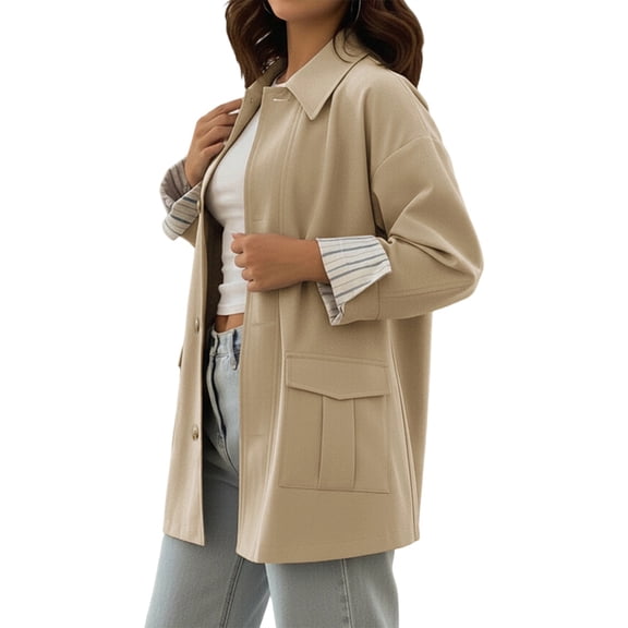 Women Oversize Trench Coat Plaid Lining Lapel Button Down Casual Crop Jacket Outwear with Pockets Khaki L
