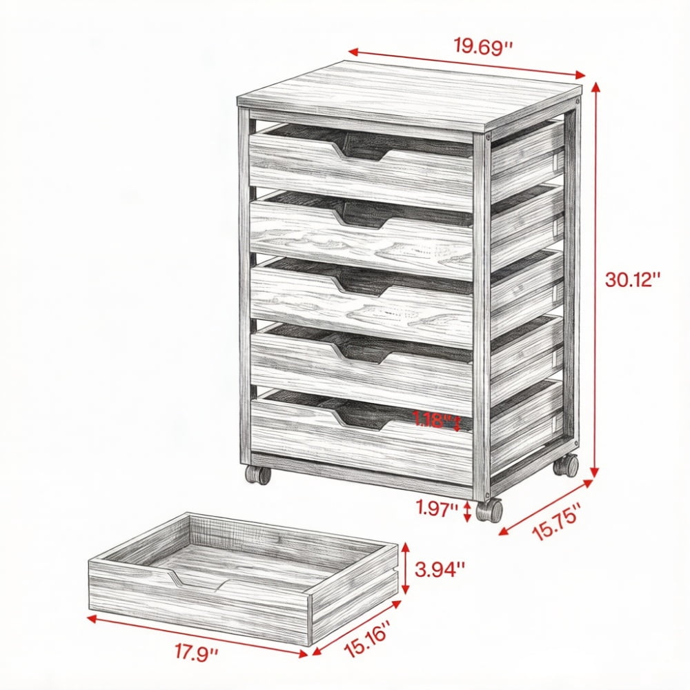 5-Drawer Mobile Storage Cabinet with Wood Veneer & Black Metal Frame, Rolling Printer Stand File Cabinet with Lockable Casters, Top Holds 45LBS for Home Office Bedroom