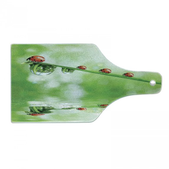Ladybugs Cutting Board, Ladybugs on a Stem over the Water Striped Animals Fresh Environmental Life Image, Tempered Glass Cutting and Serving Board, Wine Bottle Shape, Red Green, by Ambesonne