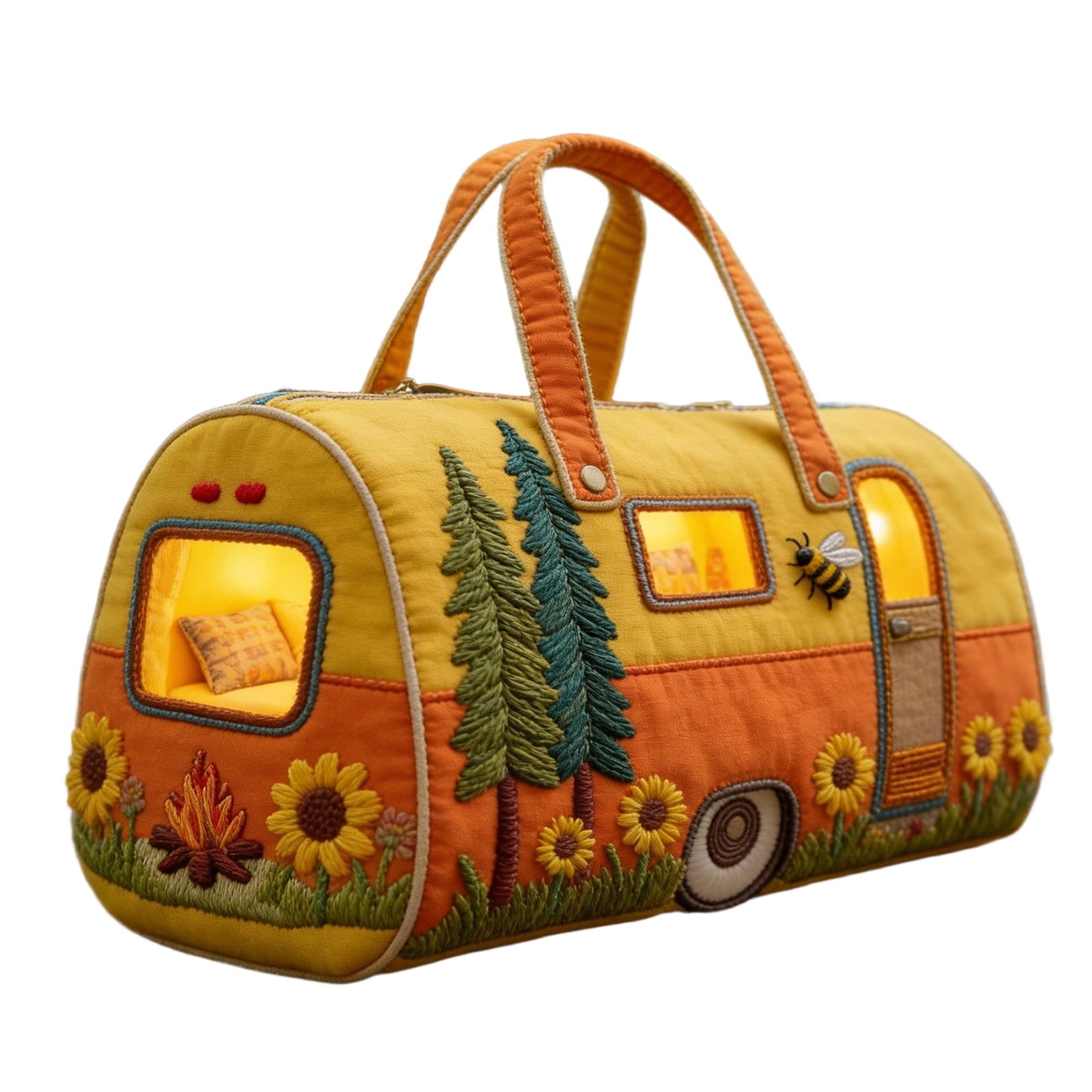 Whimsical RV Quilted Duffle Bag, Large Canvas Travel Carry-On for Weekend Trips, Funny Camping Theme Work & Gym Bag, Lightweight Tote with Pockets(C, 18" x 9" x 9")