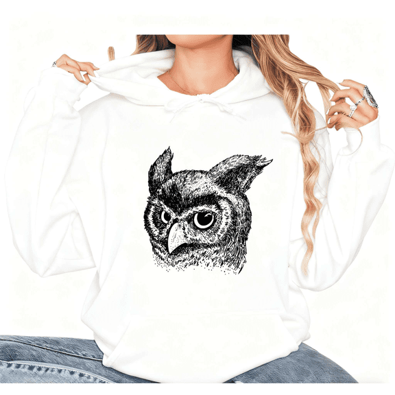 Women's Crew Neck Printed Cotton Hoodie Owl Line Art Pattern Casual Edgy Hooded Long-Sleeved White S-2XL