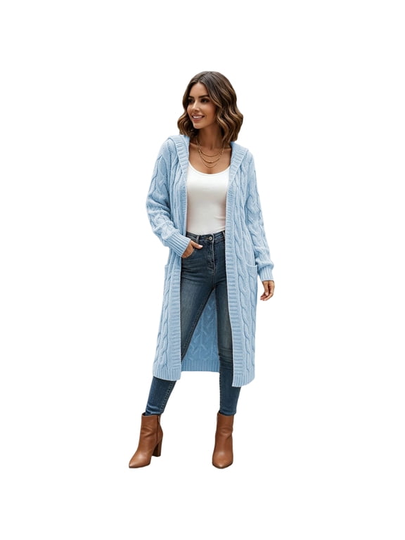 Long Cardigan Sweaters for Women Duster Hooded Chunky Oversized Cardigan Cable Knit Light Long Sleeve Sweater Warm Open Front Winter Coats with Pockets Light Blue L
