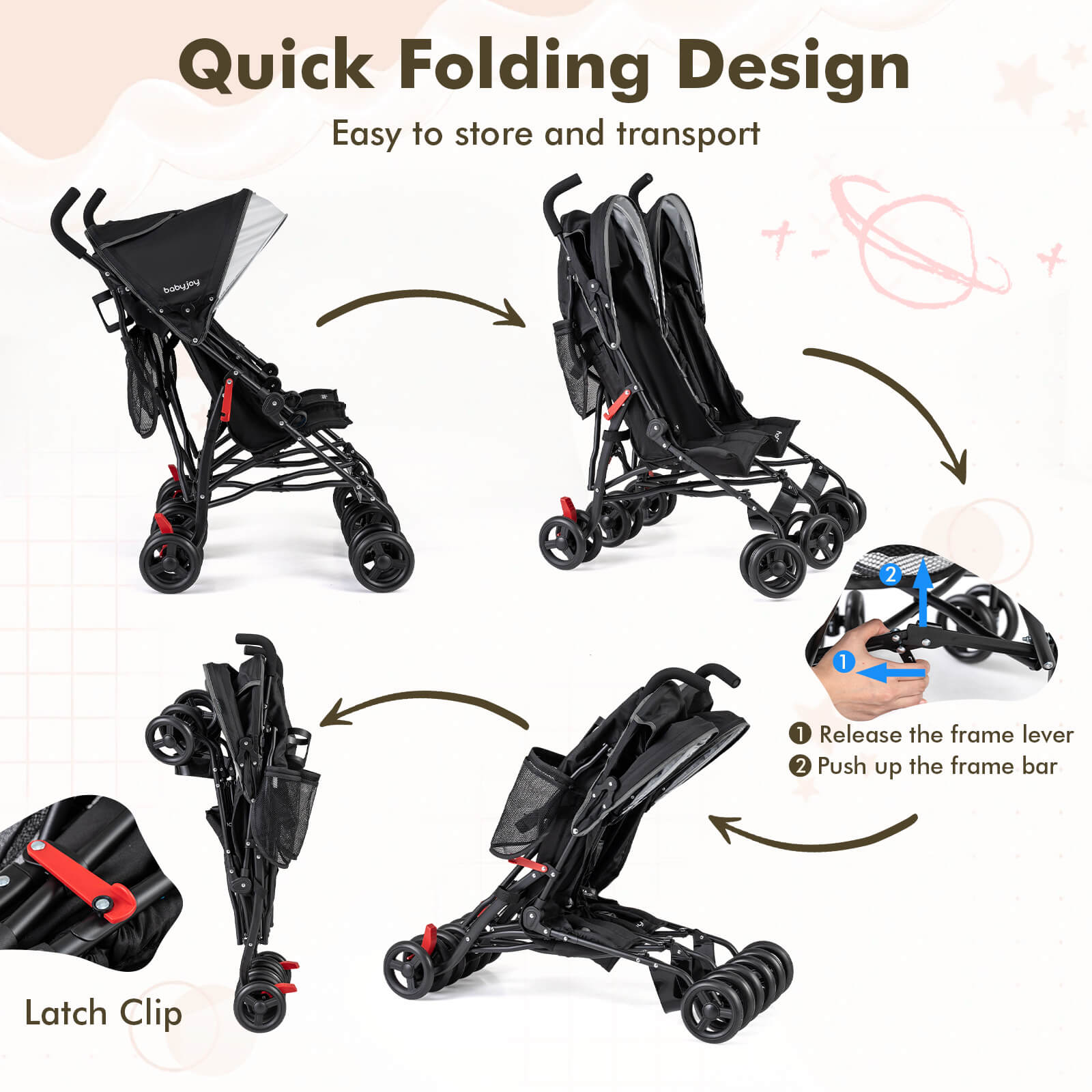 Costway Twin Lightweight Double Umbrella Stroller, Black photo 8