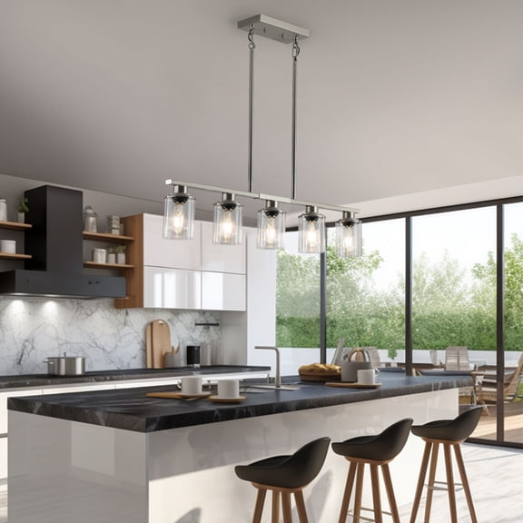 W1340P206715 37” Brushed Nickel 5-Light Chandelier - Contemporary Kitchen Island Pendant Light with Clear Glass Shades for Dining Room  Farmhouse  or Modern Decor (No Bulbs)