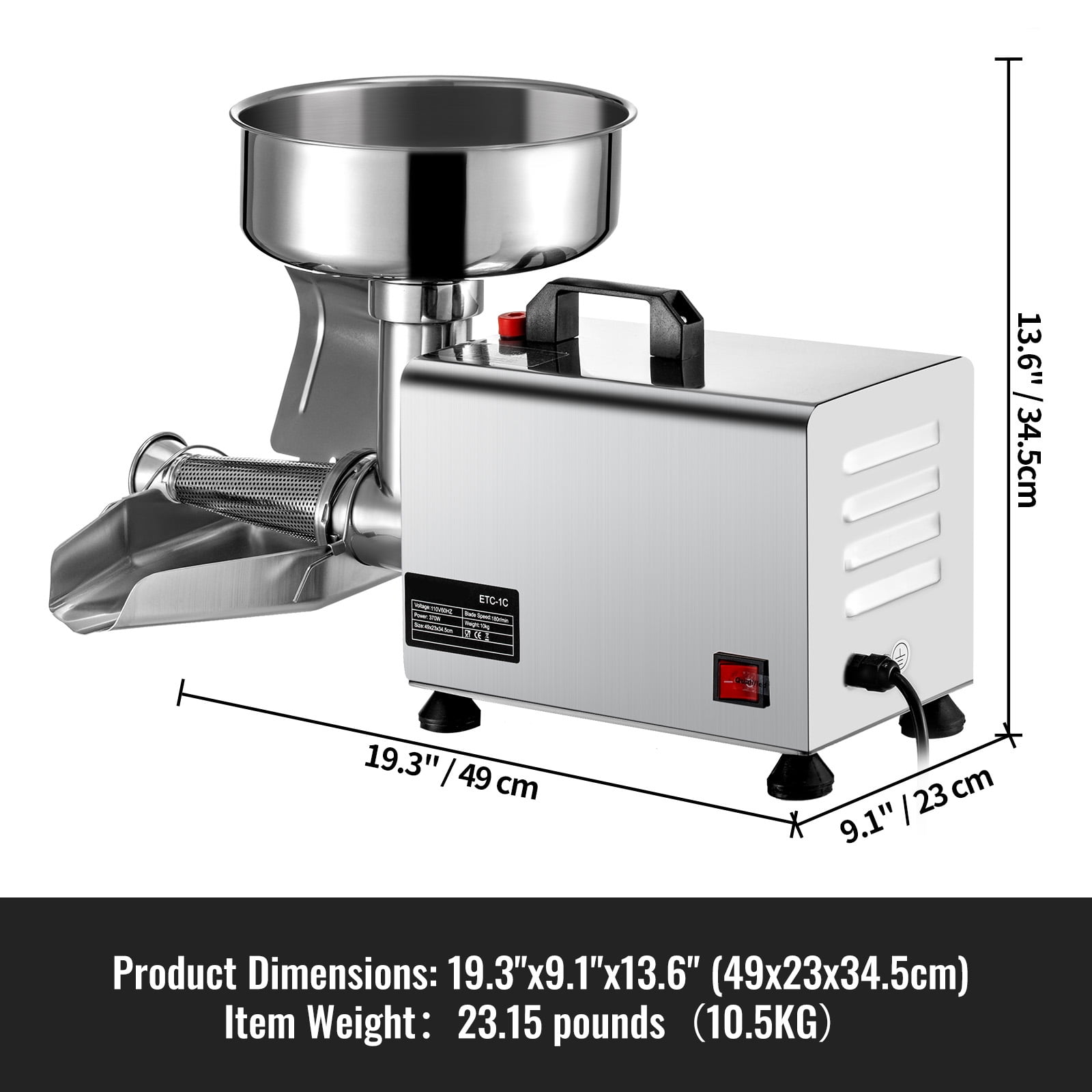 KFFKFF 110V Electric Tomato Processor 370W Industrial Strength Tomato Grinding Machine Tomato Squeezer and Filter 90-160 Kg/H Genuine Copper Engine Food Filter and Sauce Creator