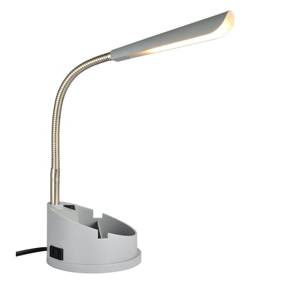Mainstays 16.25 in Integrated LED Adjustable Head, Power Outlet Gray Gooseneck Desk Lamps Solid Print