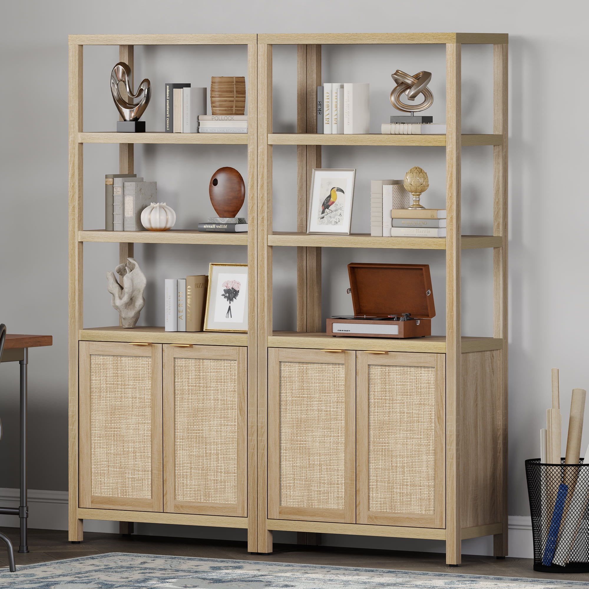 SICOTAS 71" Tall Bookcase with Doors, Boho 5 Tier Rattan Bookshelf Set of 3, Mid-Century Bookcase with Storage Cabinet for Living Room, Bedroom, Library & Home Office in Light Oak