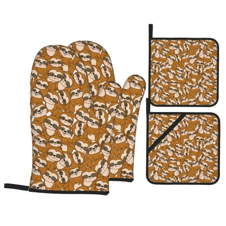 

Oven Mitts and Pot Holders 4 pcs Set Monkey Sloth Heat Resistant Pot Holders Oven Mitts for kitchen Non-Slip Hanging Loop Oven Glove Potholders for Baking Cooking
