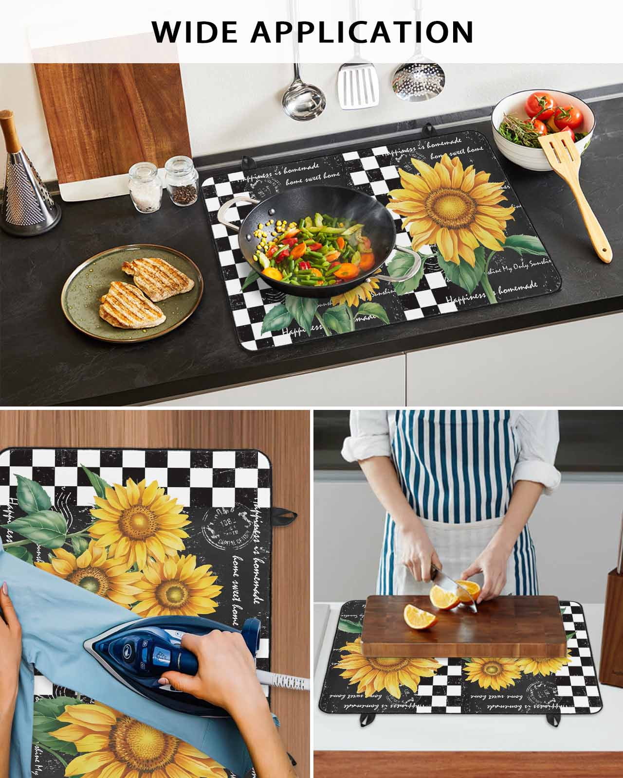 Large Induction Cooktop Protector Mat Sunflower Stove Top Covers for Electric Stove, Yellow Flowers Black White Plaid Retro Art Decorative Stove Burner Cover Mats, Glass Top Stove Cover