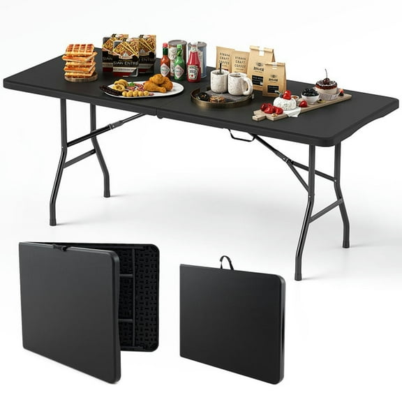 Demifill 6 ft Portable Folding Table 350 LBS Fold-in-Half Table with HDPE Tabletop, Camping Table with Heavy-Duty Metal Legs, Black