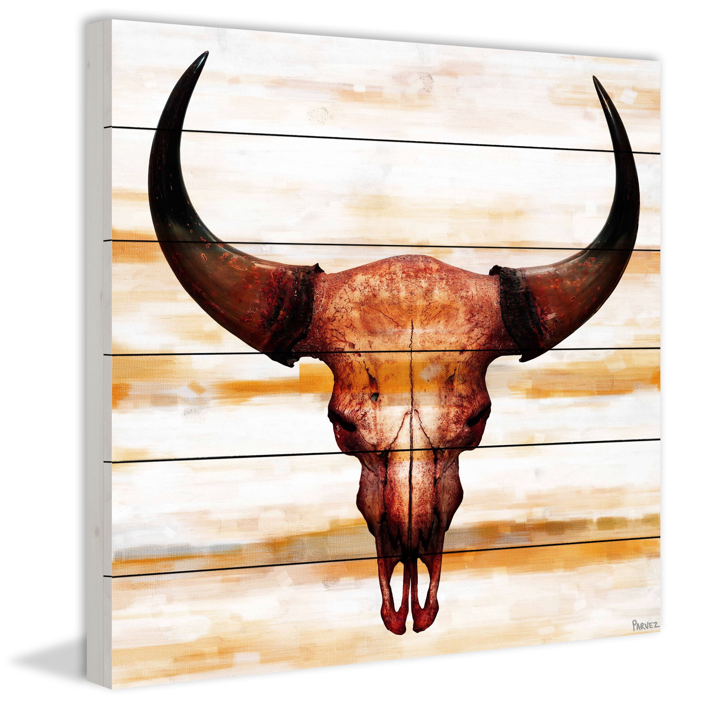 Parvez Taj  - Burnt Orange Skull Painting Print on White Wood - Multi-Color 32 x 32