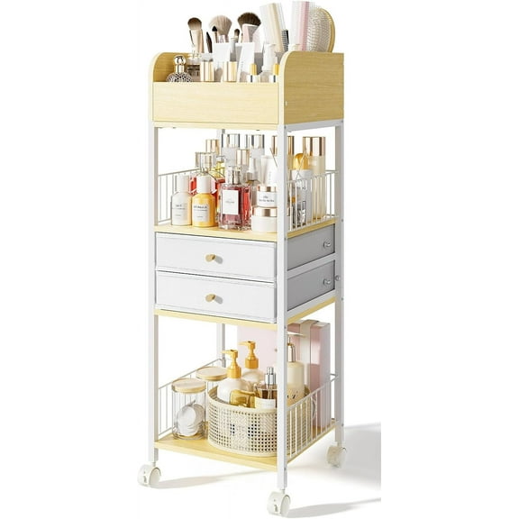 Makeup Organizer Cart with 2 Drawers, Rolling Bathroom Organizers and Storage- Versatile Skincare Perfume Storage Vanity Organizer, Natural Wood and White Iron