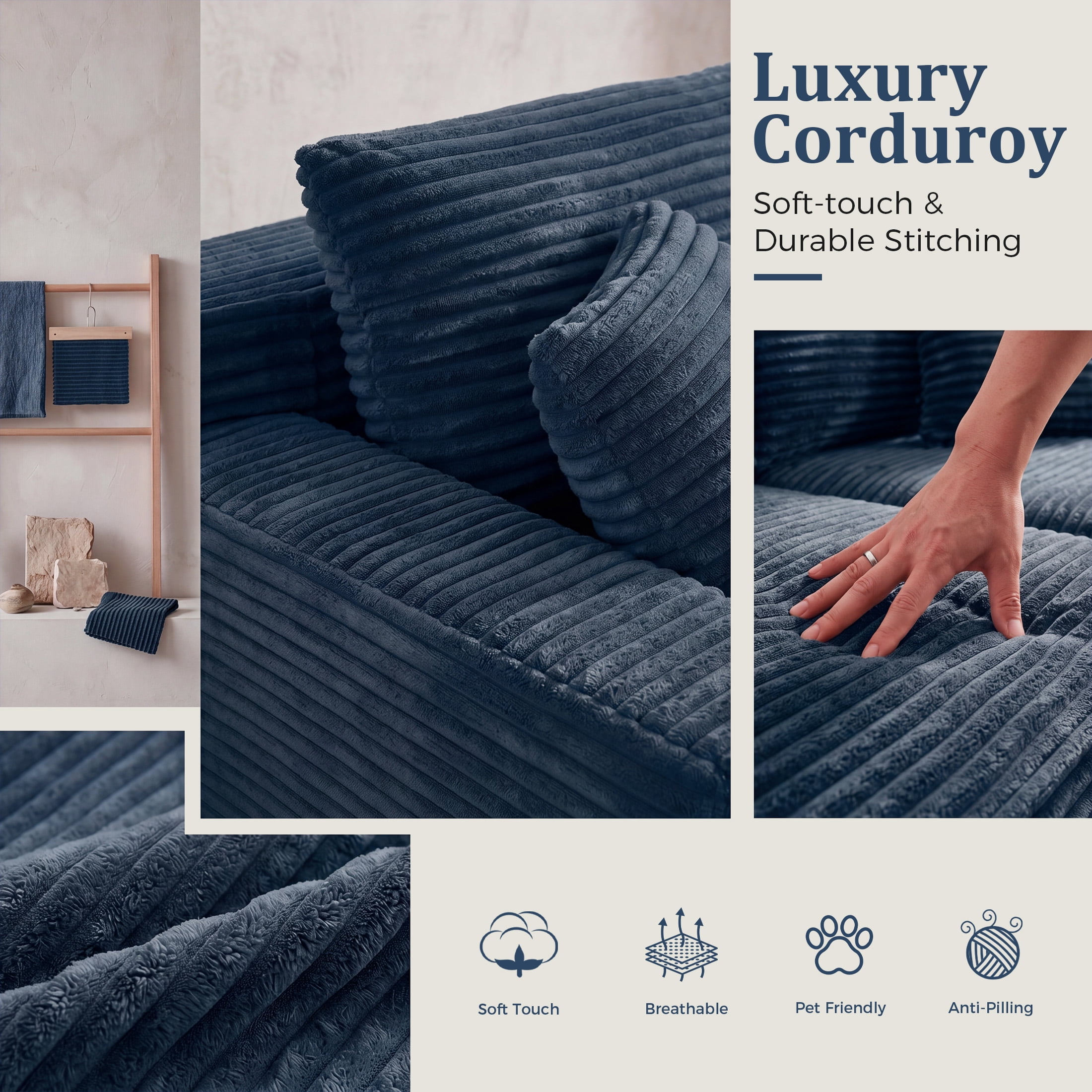 Aenkyo 95 Inch Corduroy L-Shaped Modular Sectional Sofa, Right Chaise, Blue