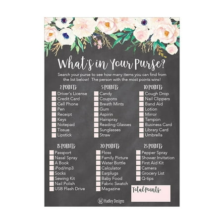 25 Rustic Floral Whats In Your Purse Bridal Wedding Shower or Bachelorette Party Game Item Cards Engagement Activities Idea For Couples Funny Rehearsal Dinner Supplies and Decoration Favors For (Best Wedding Registry Items)