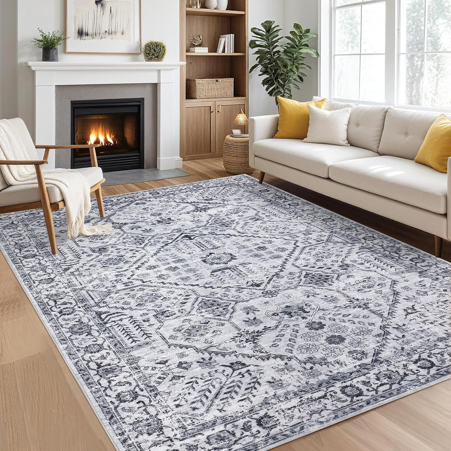 5x7 Area Rugs Washable Soft Vintage Large Rugs Boho Farmhouse Low Pile Non-Slip Indoor Throw Carpet Rugs Dining Room (Grey 5'x7')