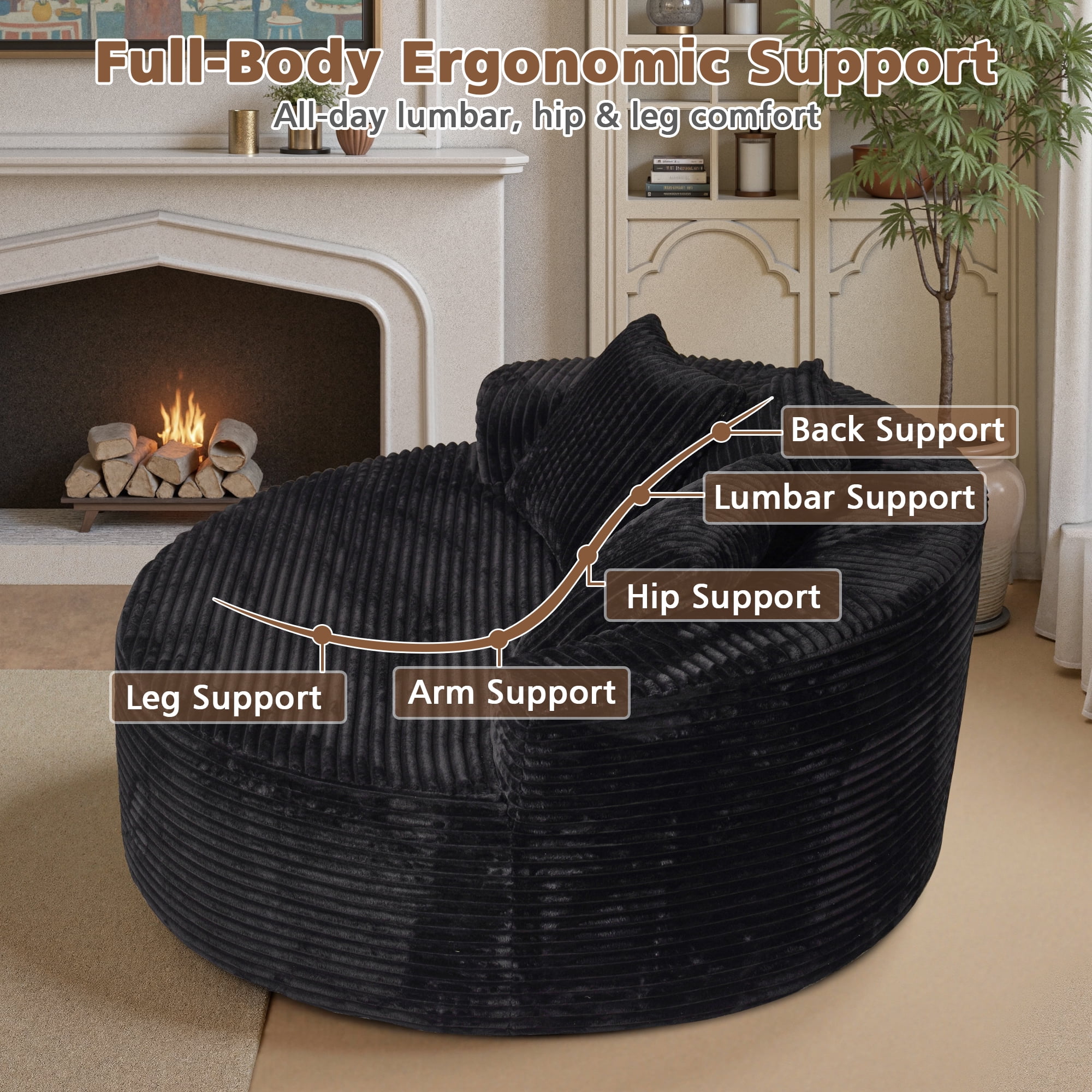 Ovios 58" Oversized Lounge Chair Round Cloud Deep Seat Accent Chair Plush Corduroy Boneless Sofa Chair for Living Room, Black