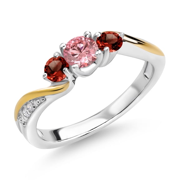 Gem Stone King 925 Silver and 10K Yellow Gold Pink and White Lab Grown Diamond Red Garnet 3 Stone Engagement Ring for Women (0.58 Cttw, April Birthstone, Size 7)