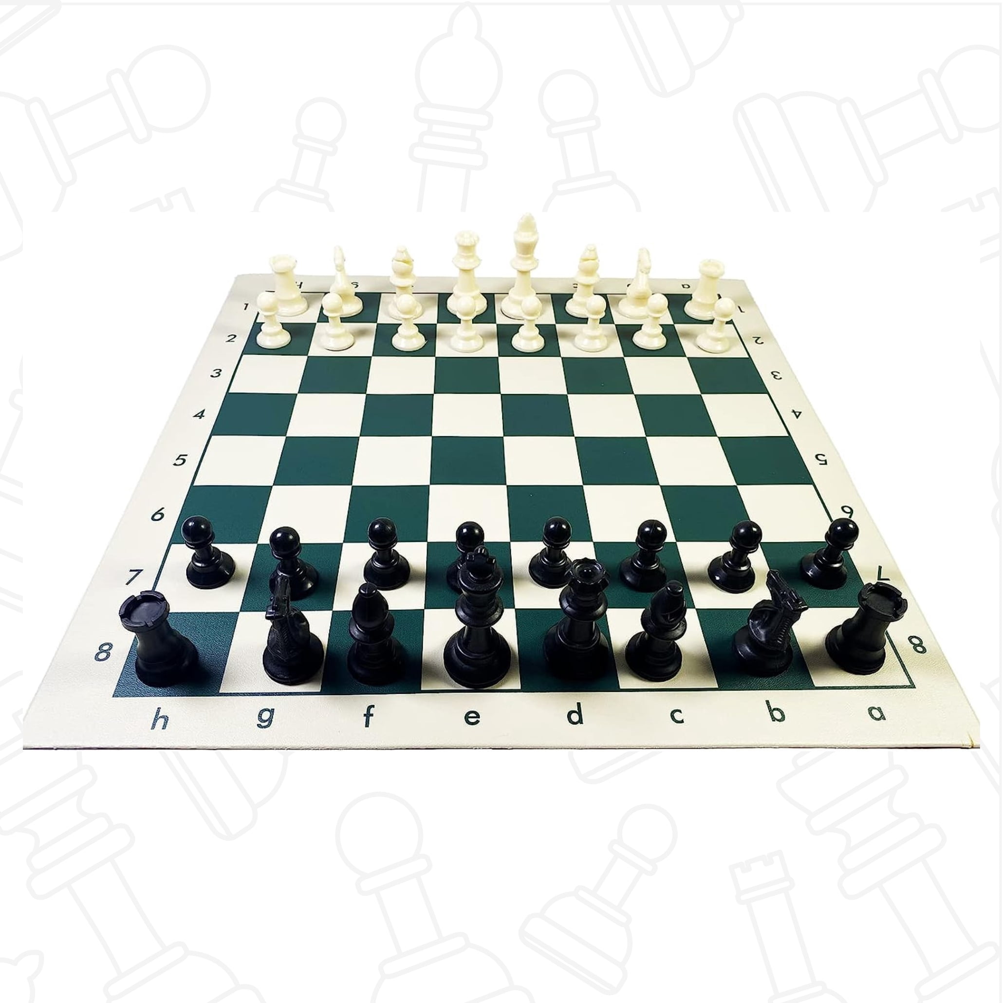 GETORIUM Tournament Chess Set, Portable and Professional Set with Travel Portable Plastic Tube Roll. Plastic Staunton Chess Pieces, Foldable Vinyl Chess Board(13x13 in, Green)