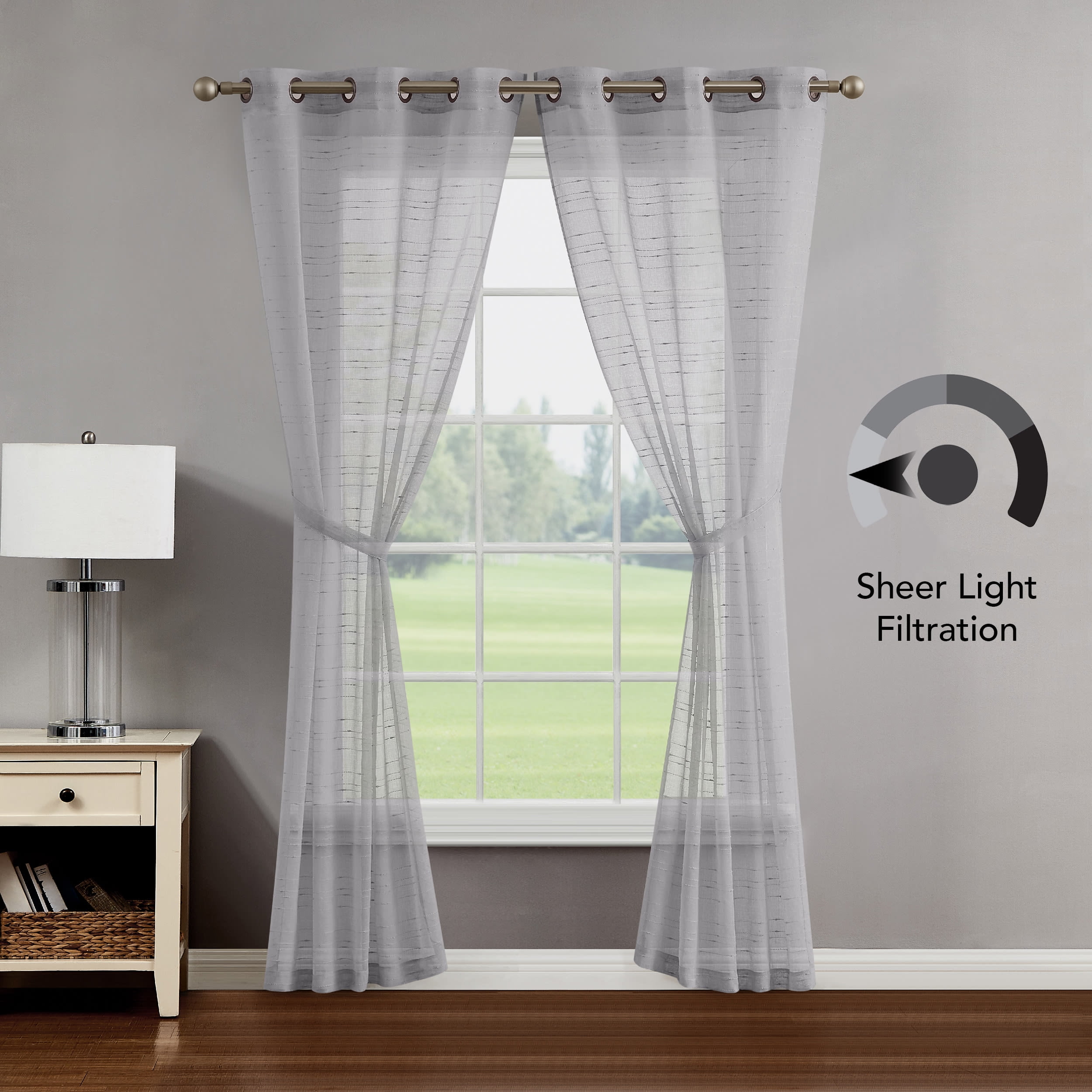 Light Gray Sheer Window Curtain Pair w Tiebacks, 38x96, Rosemary