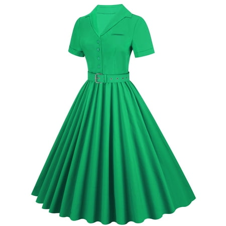 

Geyes Classic Women Dress Summer Retro Solid Color V-Neck Lapel Pleated Short Sleeve Dress Slim Fit Corset Slim Mid-Length Dress