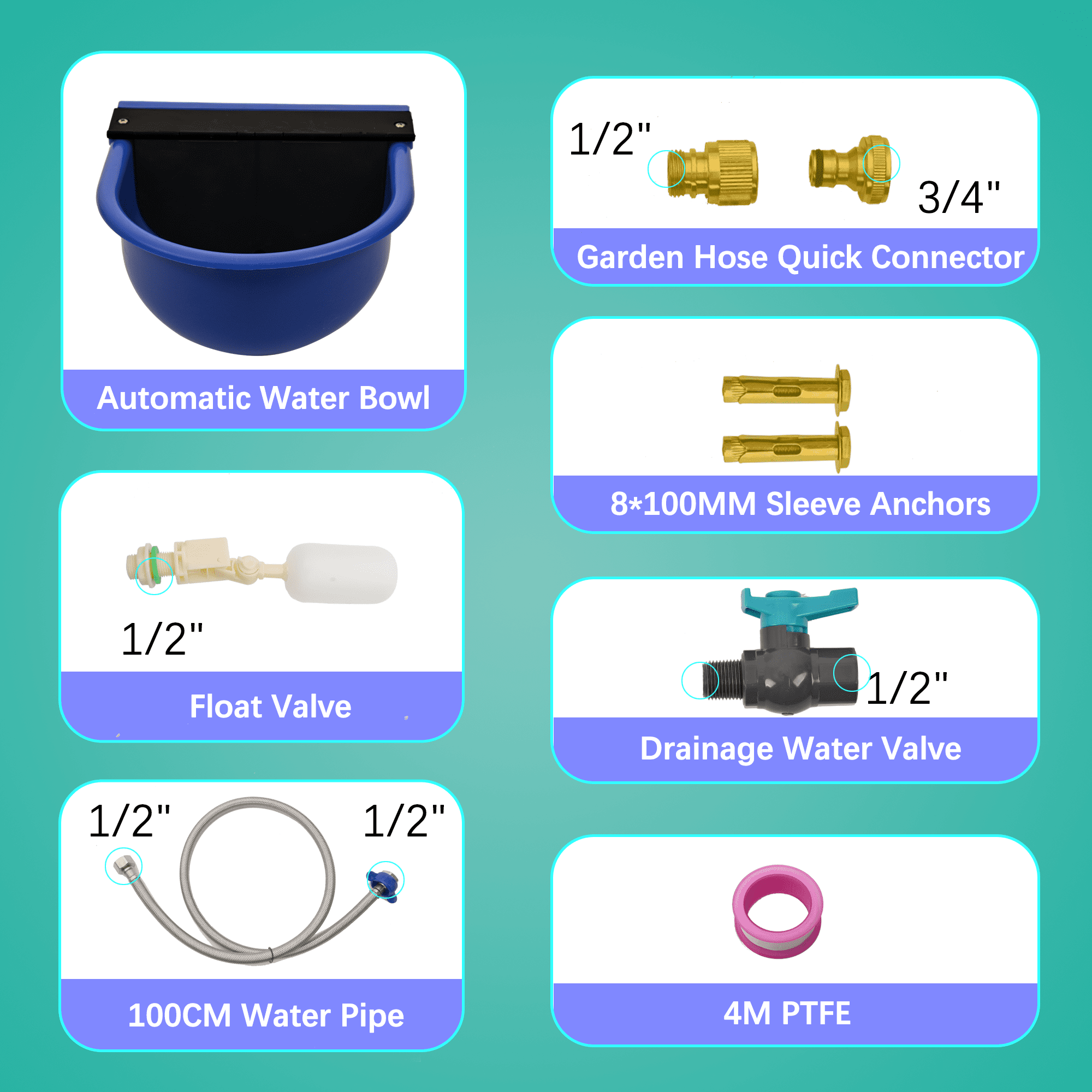 Automatic Water Dispenser for Dogs, Automatic Chicken Waterer with Drain Valve, 1 Gallon Outdoor Auto Livestock Water Bowl with Float Valve, Hose Quick Connector for Horse, Duck, Dig (Blue)