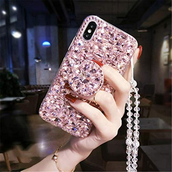 Case for Galaxy S24 FE,Diamond Kickstand Case with Crystal Lanyard 3D Handmade Bling Diamond Glitter Shockproof Protective Phone Case for Samsung Galaxy S24 FE 5G,2024 (Pink)