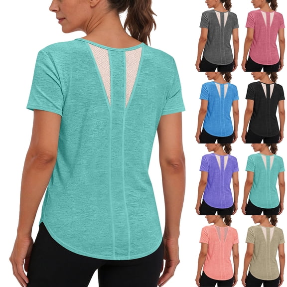 Tqcoqu Womens Workout Short Sleeve Shirts Round Neck with Breathable Mesh Lightweight for Fitness Yoga Running,Light Blue,Women's S-XXL