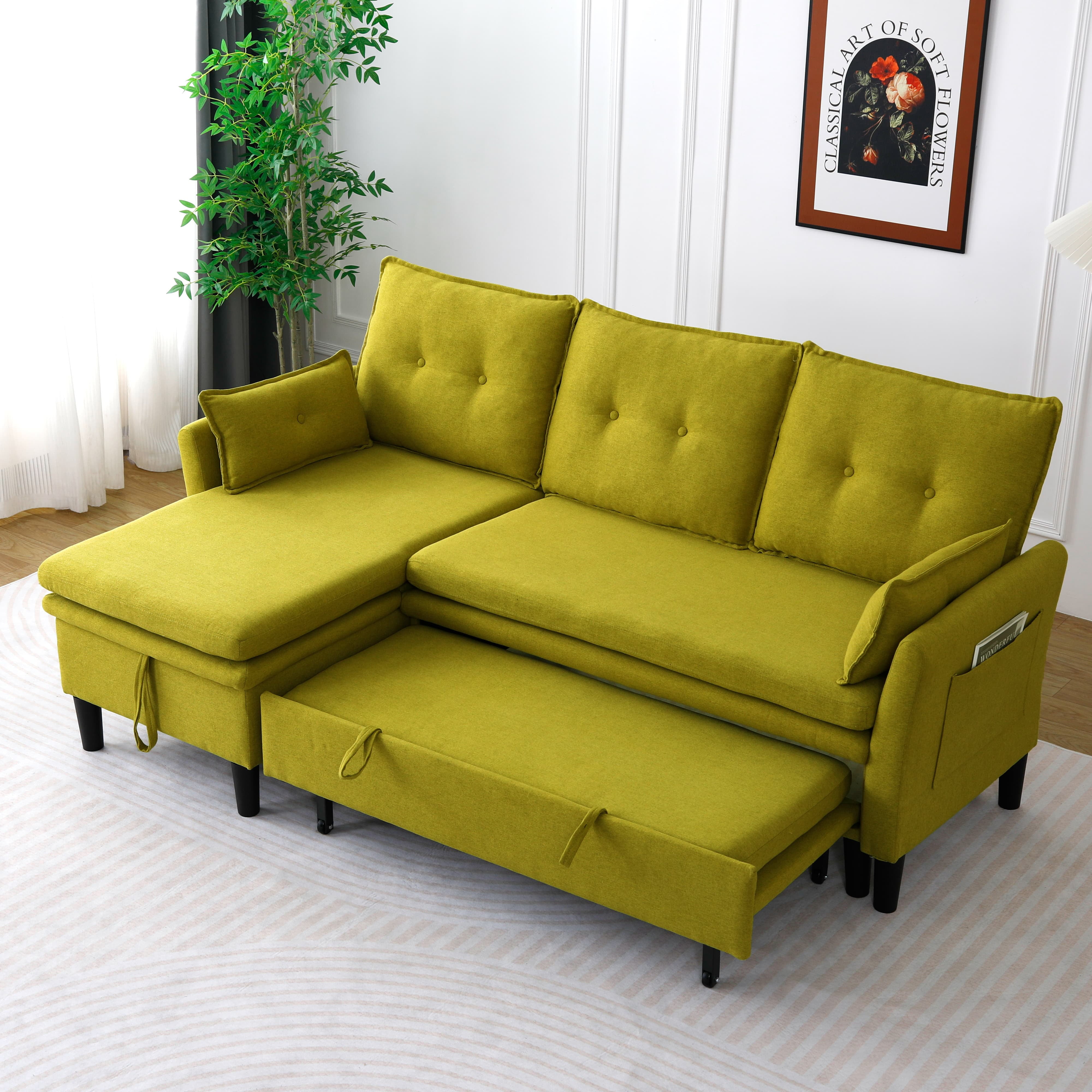 MAYEERTY L-Shaped Reversible Chaise Sectional Sofa Linen Sofa Bed with Storage, for Apartment, Green
