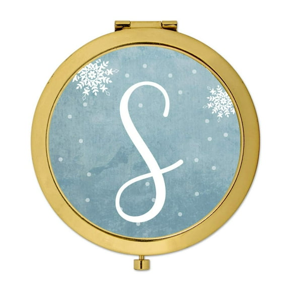 Koyal Wholesale Gold Compact Mirror Bridesmaid's Wedding Gift, Blue Winter Snowflakes, Monogram Letter S, 1-Pack