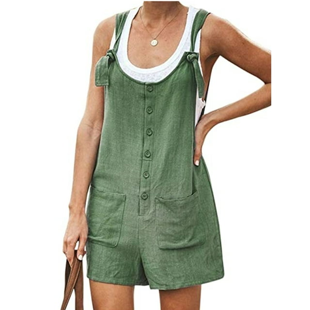 Women Summer Loose Button Pocket Jumpsuit Spaghetti Strap Short Pant Rompers Bib Pants Overalls Plua Size